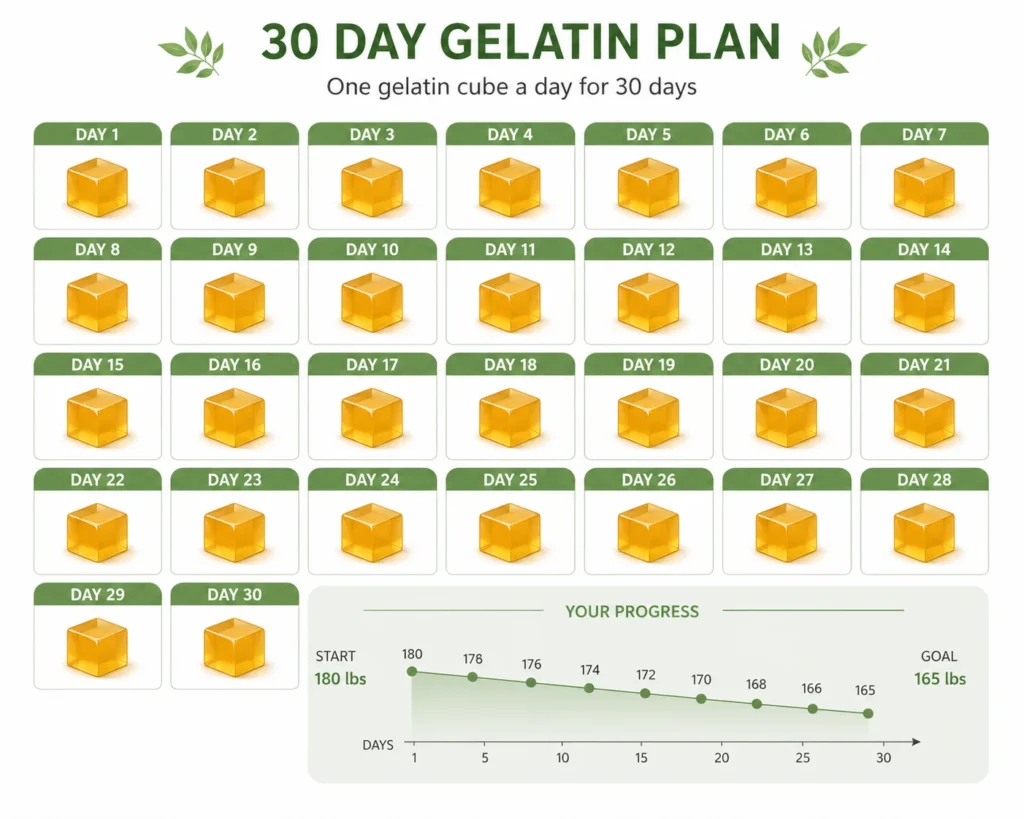30-day gelatin plan calendar showing one gelatin cube per day for 30 days with a progress chart tracking weight loss from 180 to 165 pounds
