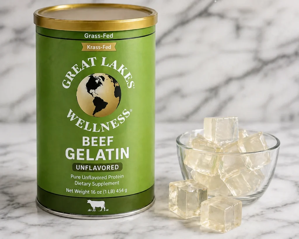 Close-up of Great Lakes Wellness beef gelatin canister with clear gelatin cubes on marble surface