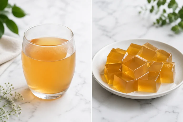 Does the gelatin trick work — golden gelatin drink and amber gelatin cubes on marble, two ways to try the gelatin trick at home