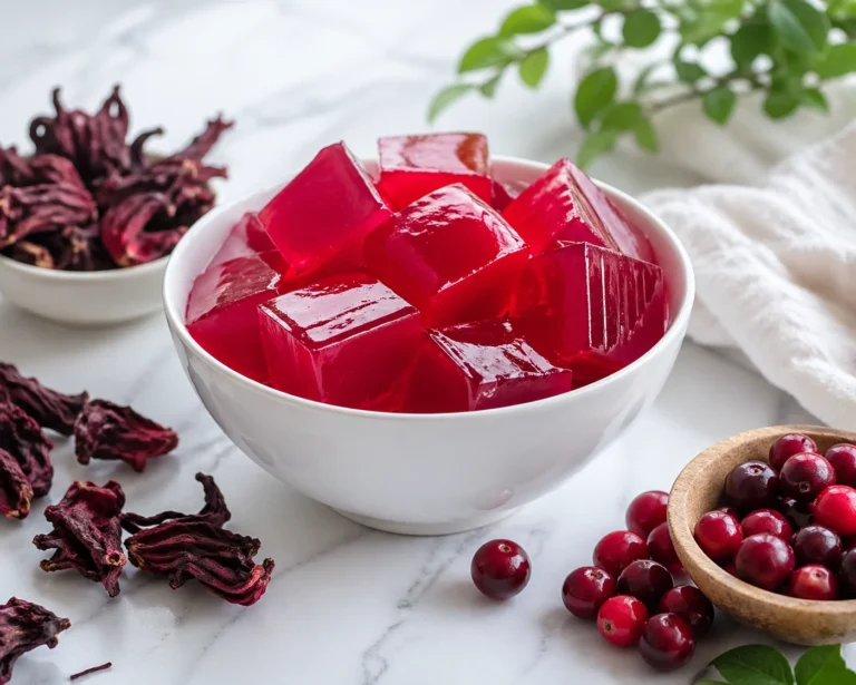 Dr Rocio pink gelatin recipe — deep red hibiscus and cranberry gelatin cubes in a white bowl with dried hibiscus flowers