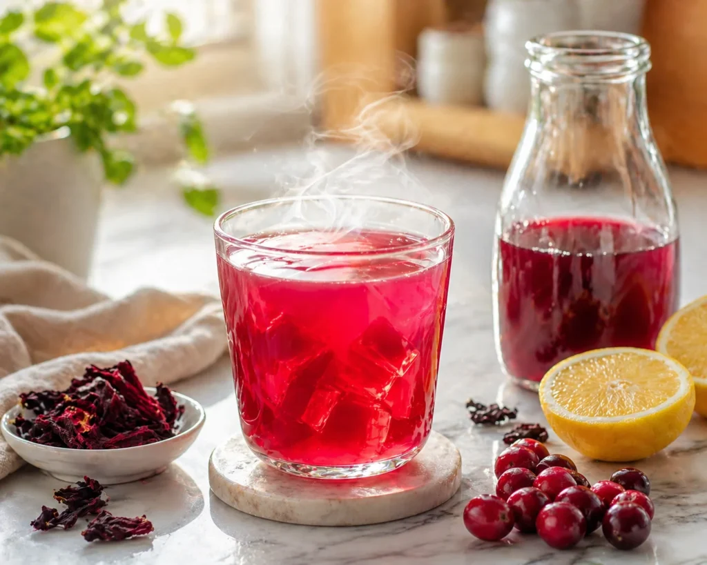 Dr Rocio pink gelatin recipe served as a warm drink — vibrant red hibiscus gelatin with steam, cranberries and lemon beside it