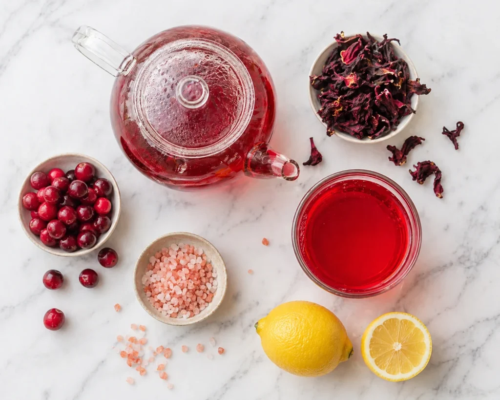 Dr Rocio pink gelatin recipe ingredients — hibiscus tea, cranberries, Himalayan pink salt, and fresh lemon on marble