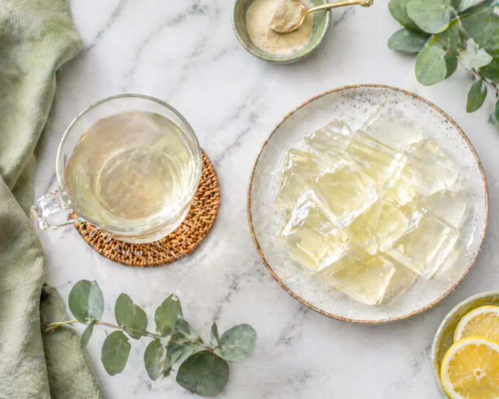 Gelatin trick comparison — warm gelatin drink and gelatin cubes with gelatin powder on marble surface