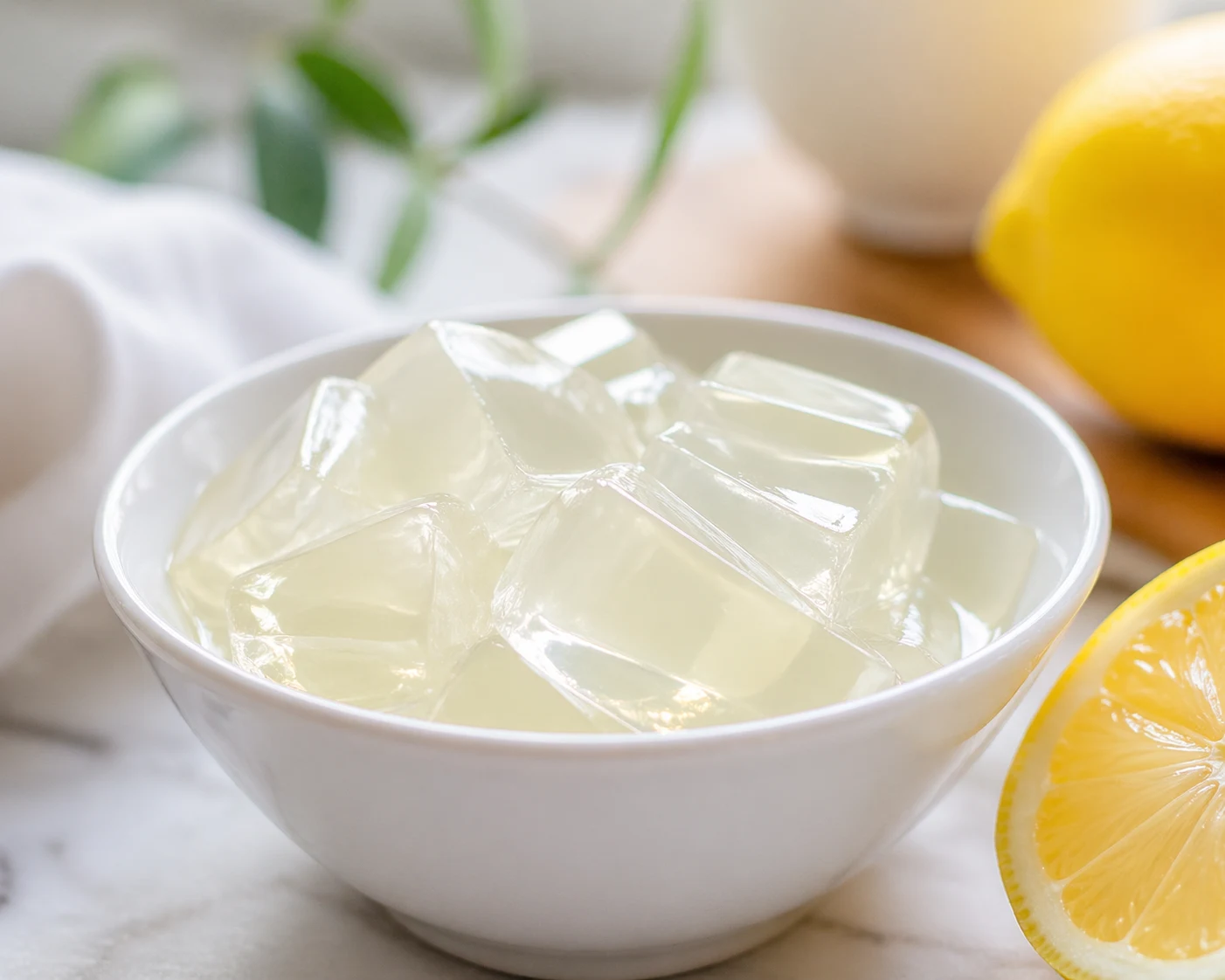 Classic gelatin trick recipe — clear gelatin cubes in a white bowl with fresh lemon