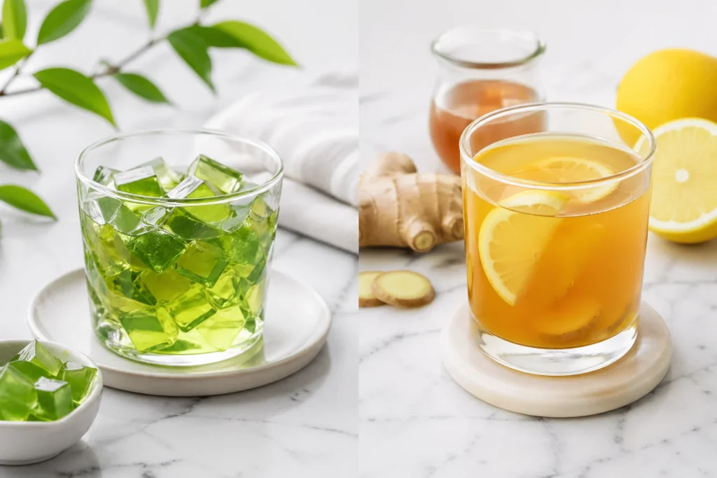 gelatin trick vs natural mounjaro comparison showing green gelatin cubes vs apple cider vinegar lemon ginger drink on marble surface