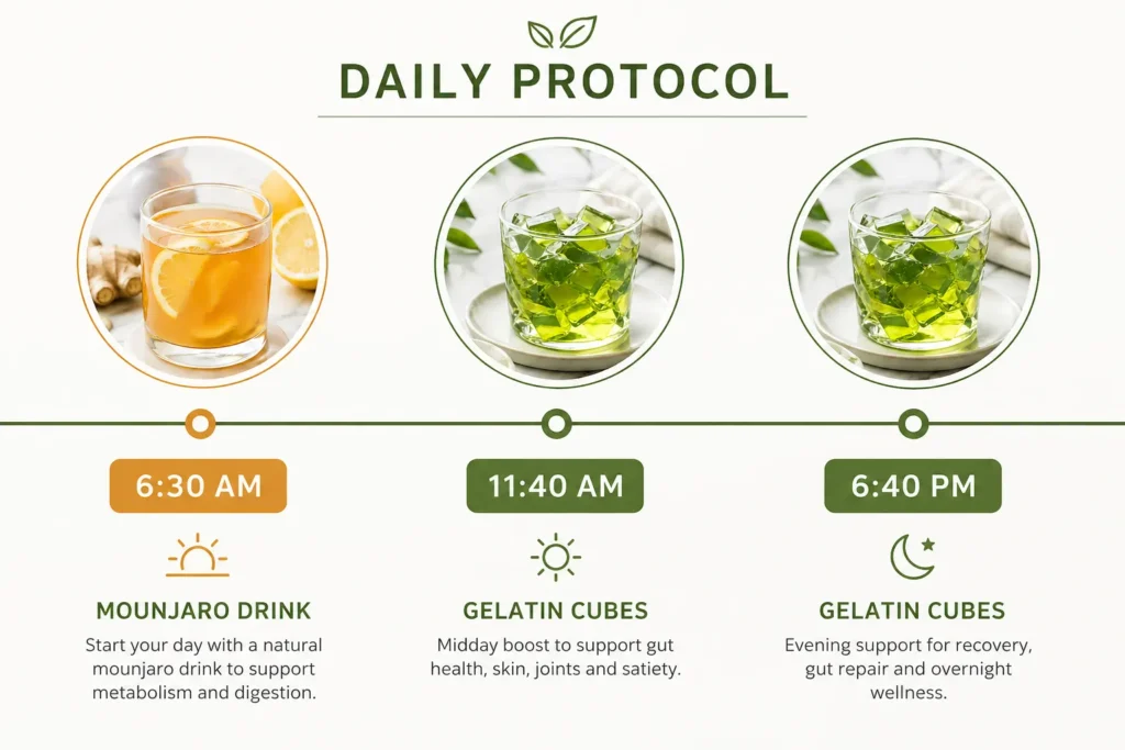 gelatin trick vs natural mounjaro daily protocol timeline showing morning drink and gelatin cubes schedule