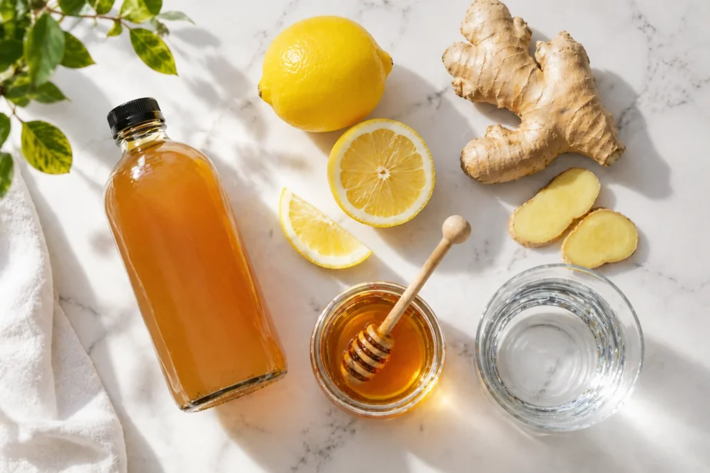 gelatin trick vs natural mounjaro ingredients including apple cider vinegar lemon ginger honey and warm water on marble surface