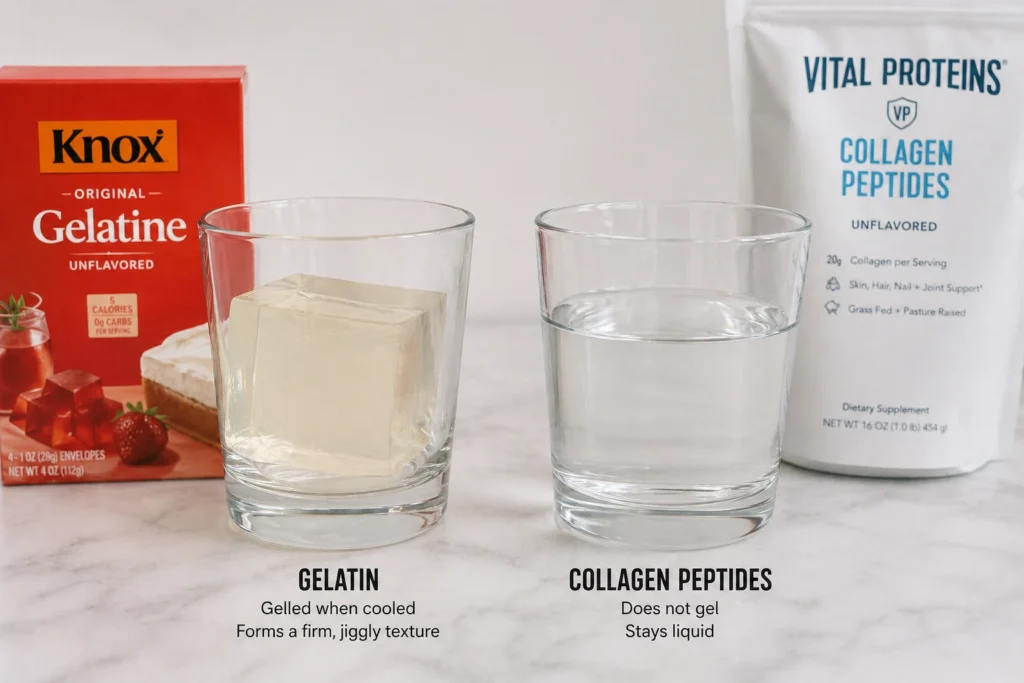 Side-by-side comparison showing gelatin forming a firm cube after cooling while collagen peptides remain liquid in a glass