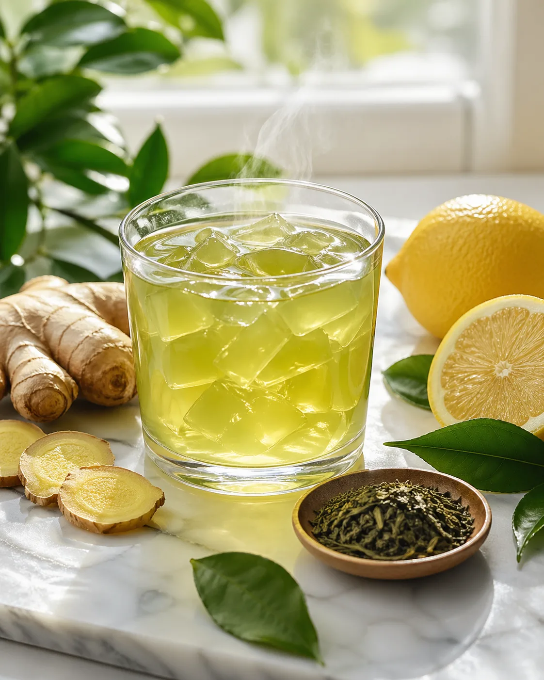 glp-1 gelatin recipe green tea drink with ginger and lemon in glass, warm wellness beverage on marble surface