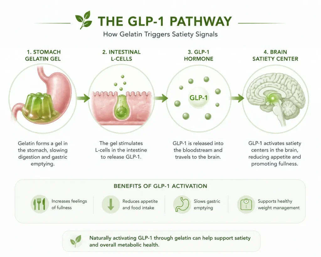 glp-1 gelatin recipe pathway infographic showing stomach gel, intestinal L-cells, GLP-1 hormone release, and brain satiety response