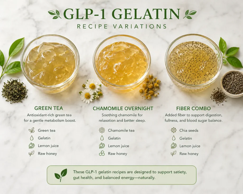 glp-1 gelatin recipe variations with green tea, chamomile overnight, and chia fiber combo in glass bowls on marble background