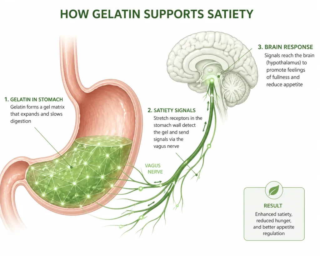 Infographic showing how gelatin supports satiety: gelatin forms a gel in the stomach, activates stretch receptors via the vagus nerve, and signals the brain to reduce hunger