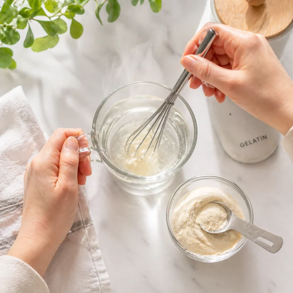 How to make the gelatin trick — dissolving unflavored gelatin powder in hot water with a whisk