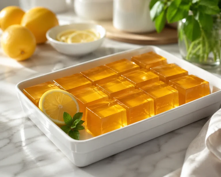 Ice gelatin trick recipe — golden lemon gelatin cubes in a white dish with fresh lemon and mint, weekly batch