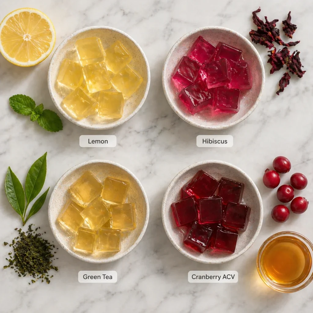 Four ice gelatin trick recipe variations: lemon, hibiscus pink, green tea, and cranberry ACV cubes
