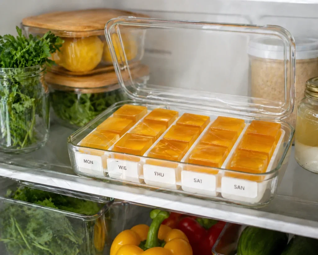 Ice gelatin trick recipe weekly meal prep — glass container of golden gelatin cubes labeled by day stored in refrigerator