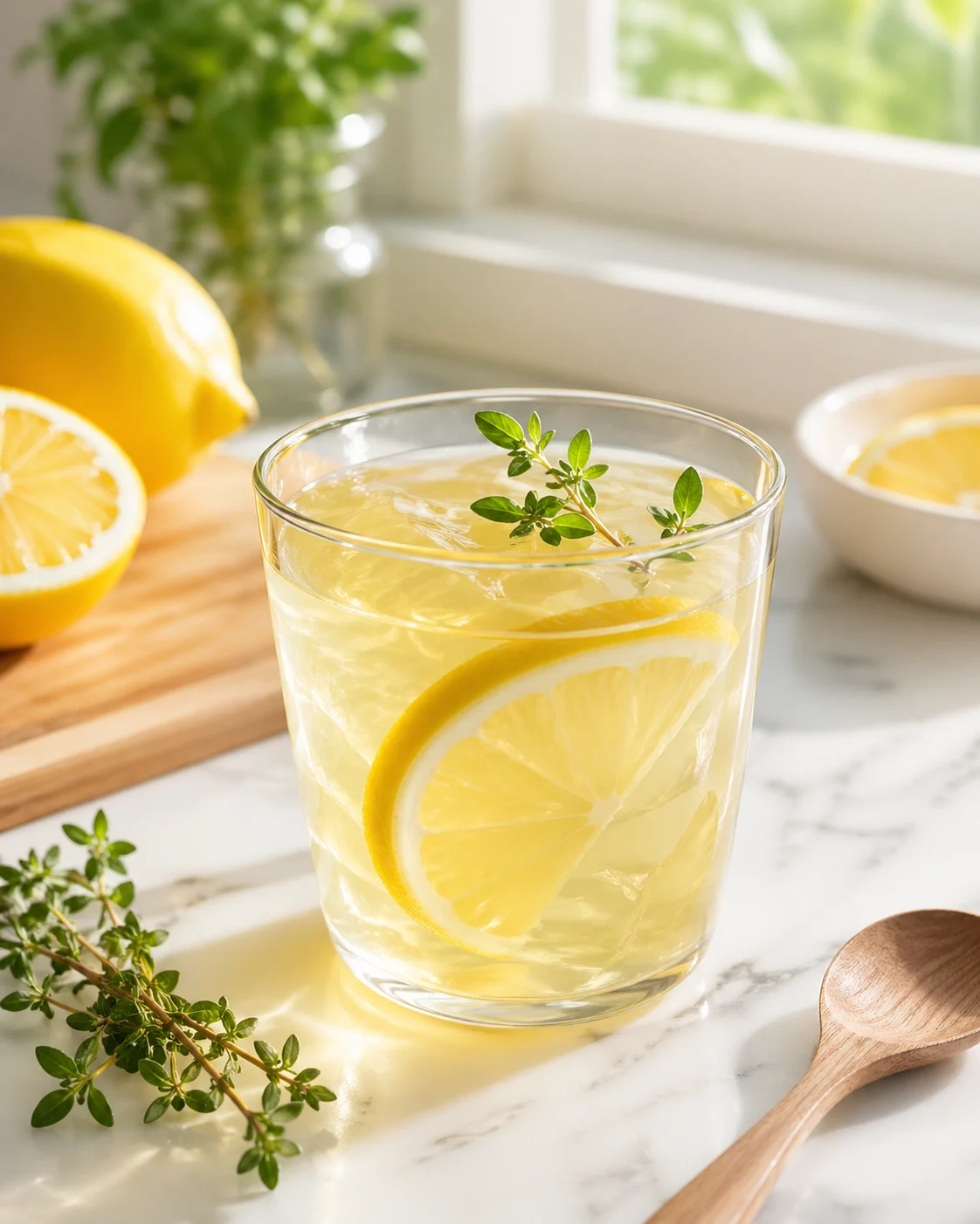 Classic lemon gelatin drink inspired by Kelly Clarkson jello recipe in a small glass bowl, pale yellow color with lemon slice on white marble surface.
