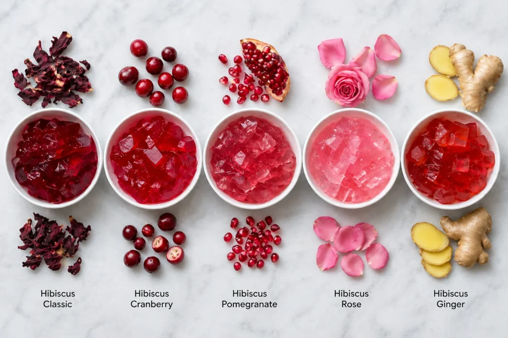 pink gelatin trick recipe five variations hibiscus cranberry pomegranate rose ginger in white bowls flat lay