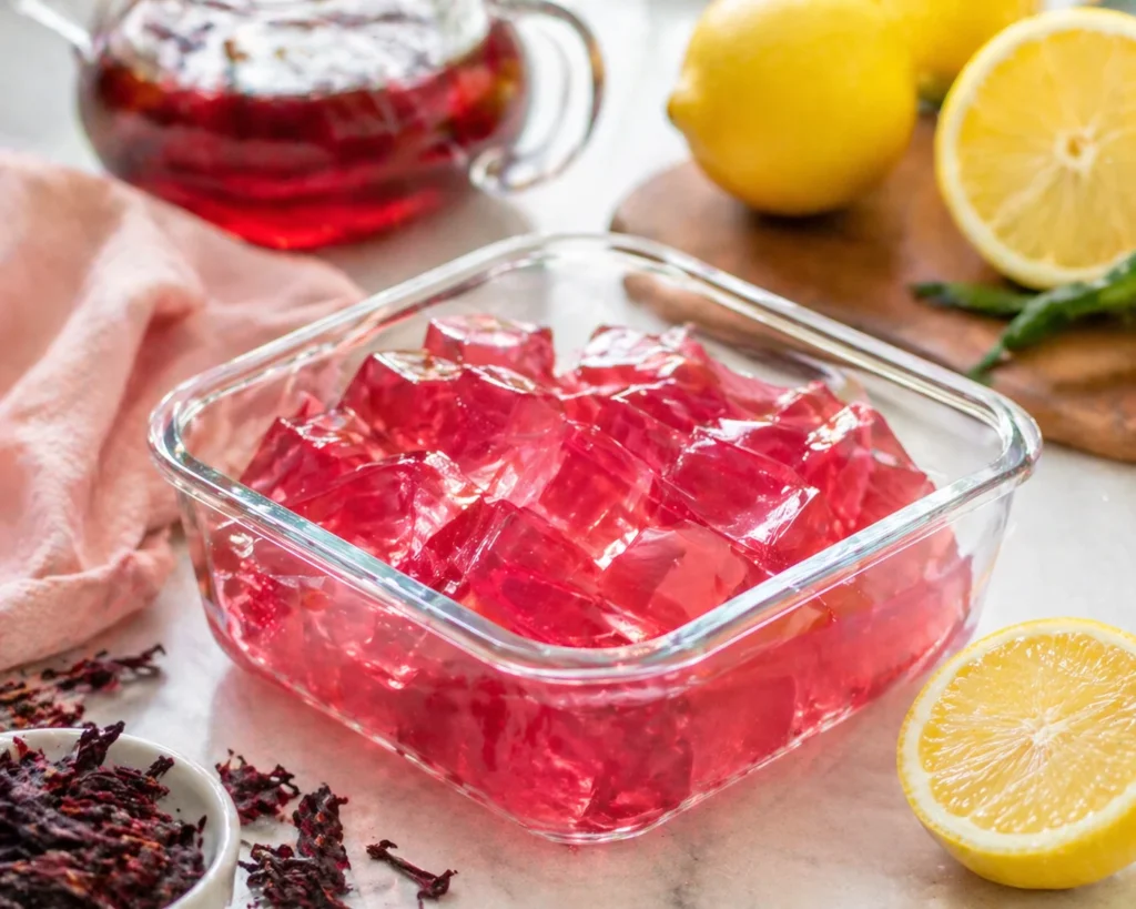Pink gelatin trick recipe made with hibiscus tea — vibrant red gelatin cubes in a glass dish