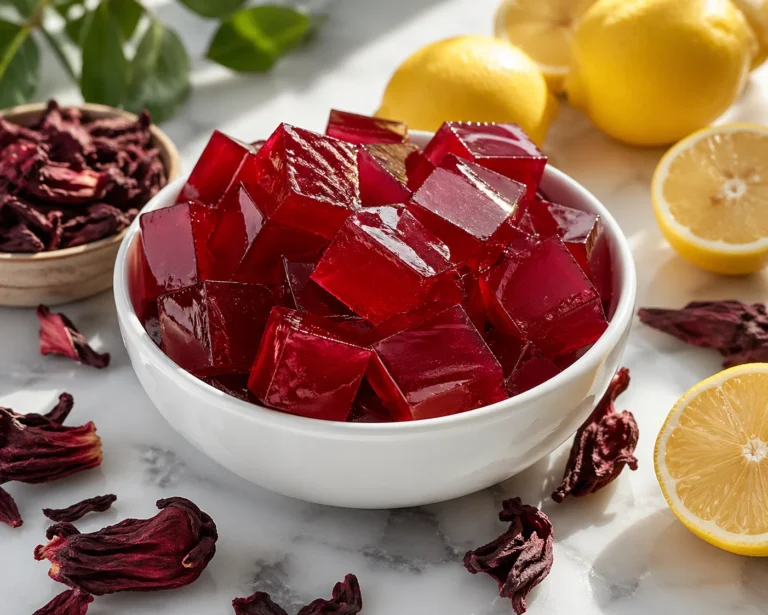 pink gelatin trick recipe deep crimson hibiscus gelatin cubes in white bowl with lemon and dried flowers