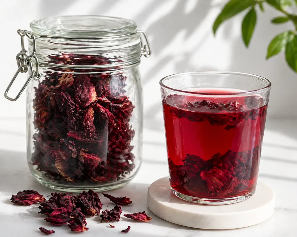 pink gelatin trick recipe dried hibiscus flowers in jar next to glass of crimson hibiscus tea brewing process