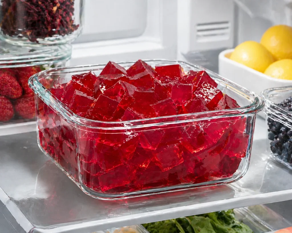 pink gelatin trick recipe weekly batch of crimson gelatin cubes in glass container organized in refrigerator