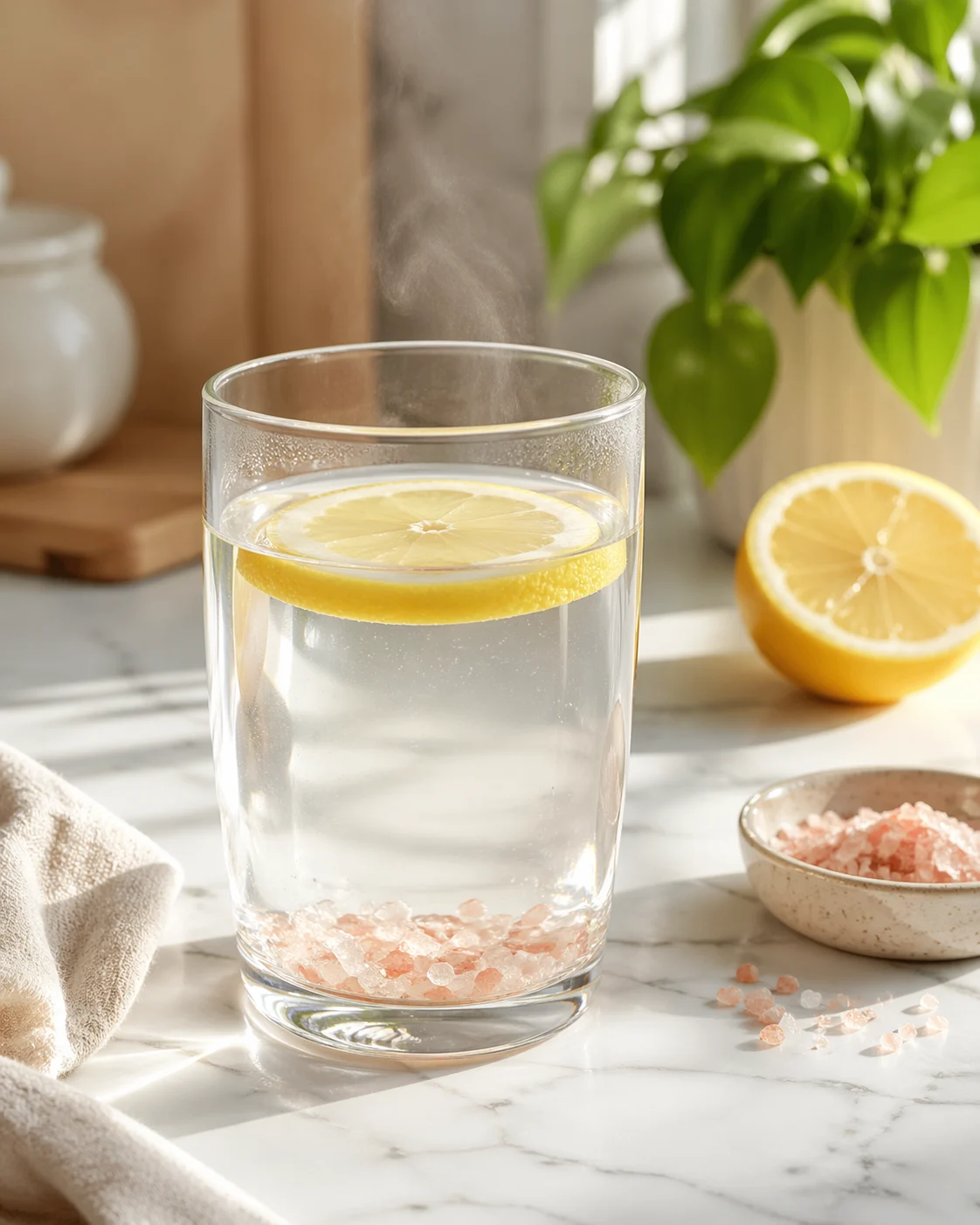 Classic pink salt trick morning drink — warm water with lemon slice and Himalayan pink salt crystals, steam rising