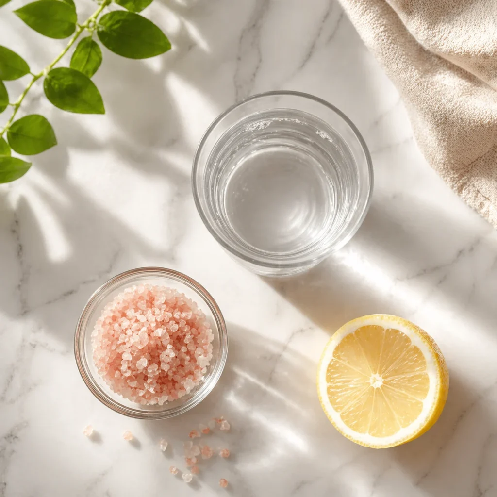 Pink salt trick recipe ingredients — Himalayan pink salt crystals, fresh lemon half, and glass of warm water on marble surface