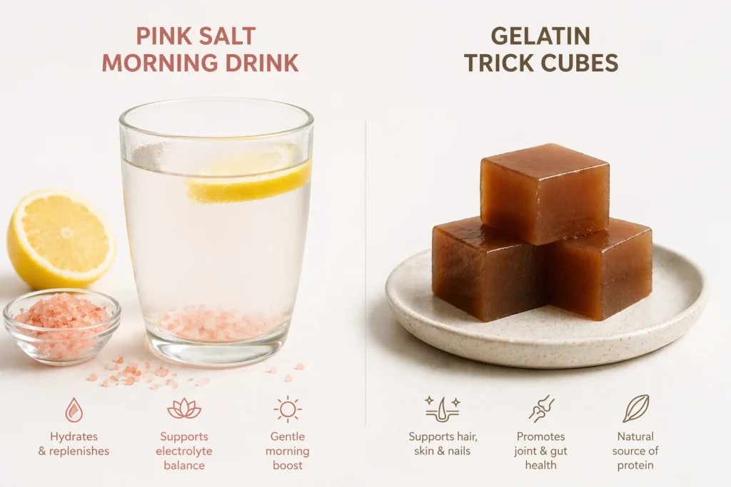 Pink salt morning drink vs gelatin trick cubes — comparison of two wellness rituals