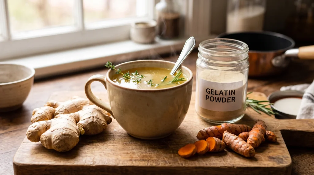 gelatin powder jar next to steaming bone broth cup with ginger and turmeric on wooden cutting board