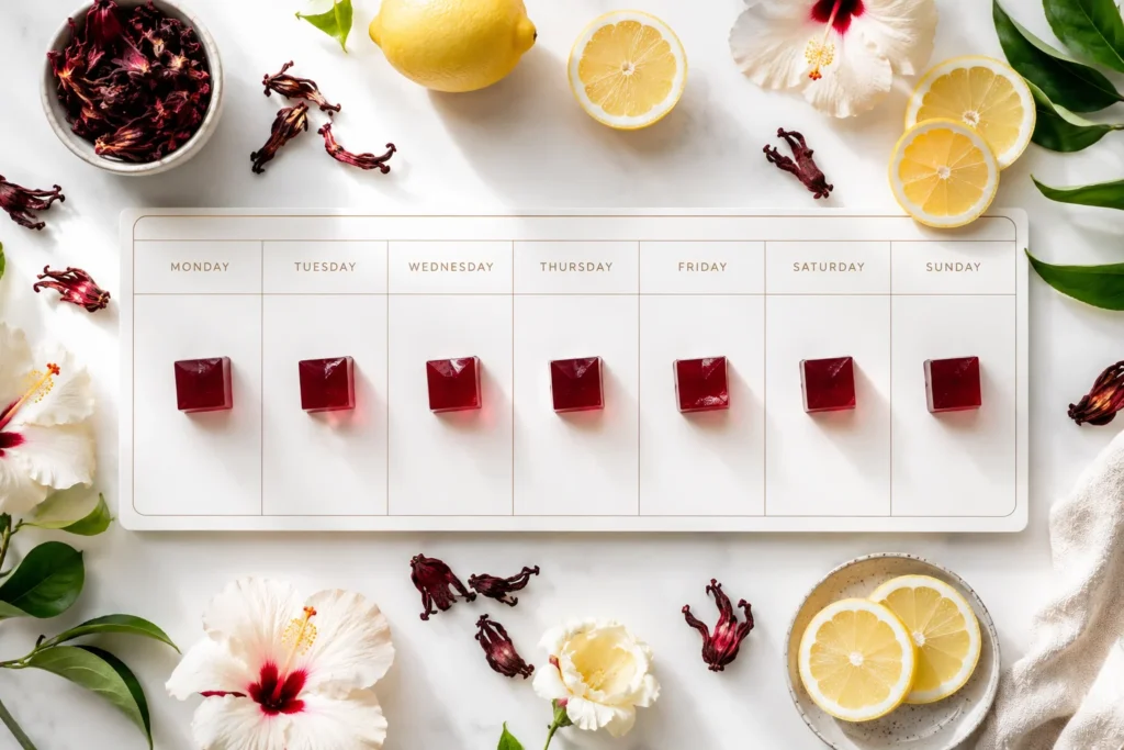 Gelatin trick 7 day plan calendar — one gelatin cube placed on each day of the week with hibiscus flowers and lemon