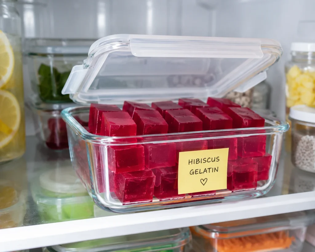Gelatin trick 7 day plan storage — glass container of deep pink hibiscus gelatin cubes with label on refrigerator shelf