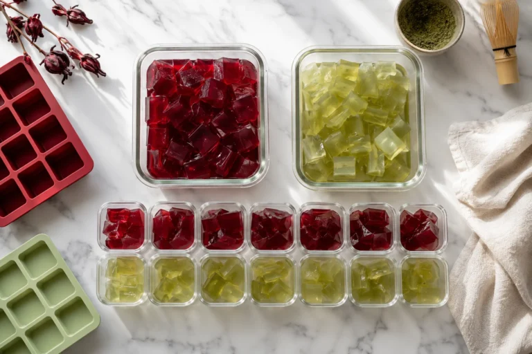 Gelatin trick 7 day plan — weekly batch prep with hibiscus and green tea gelatin cubes in labeled glass containers on marble surface