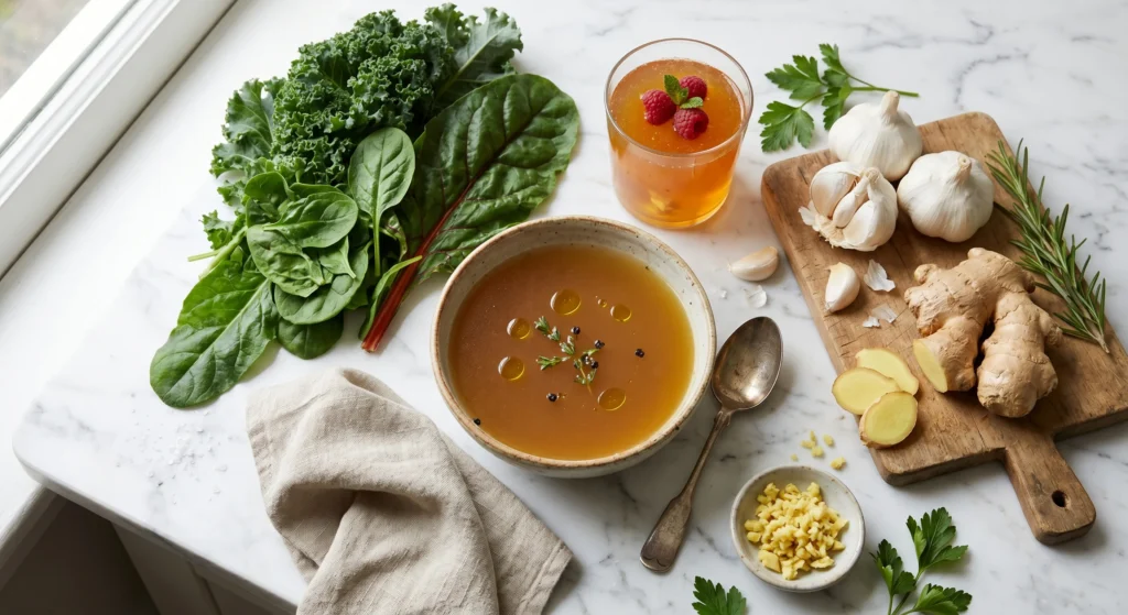 immune boosting foods flat lay with bone broth bowl gelatin drink ginger garlic kale spinach on white marble