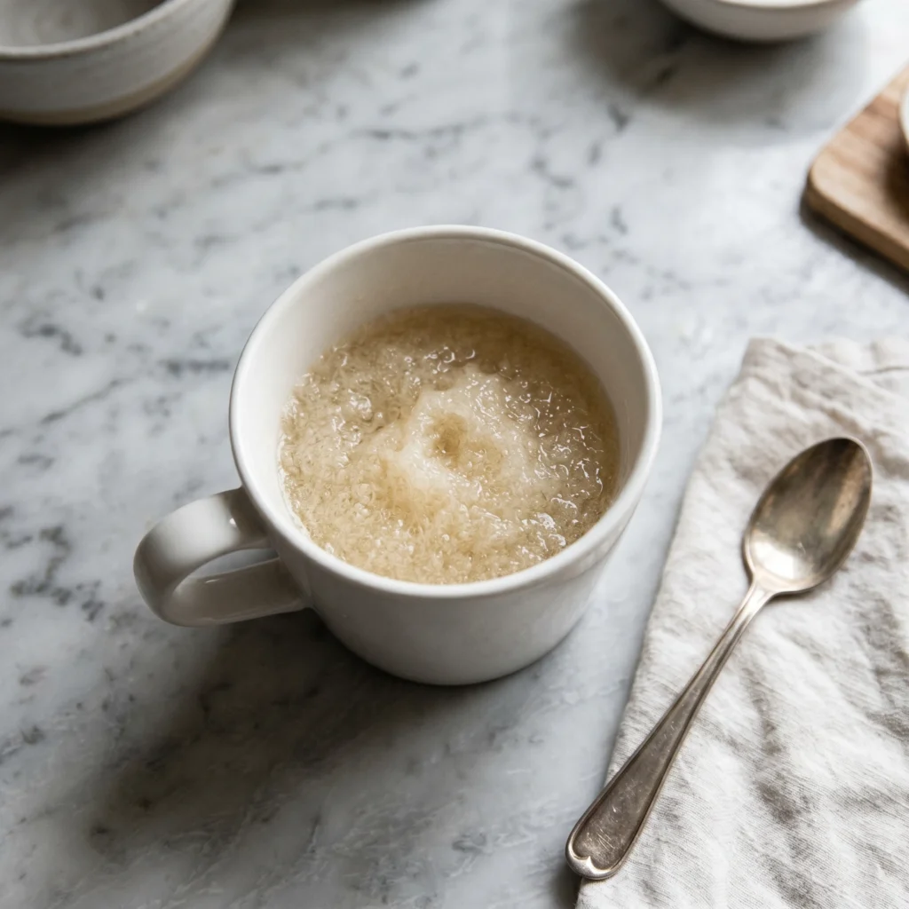 Unflavored gelatin powder blooming in cold water in a white mug