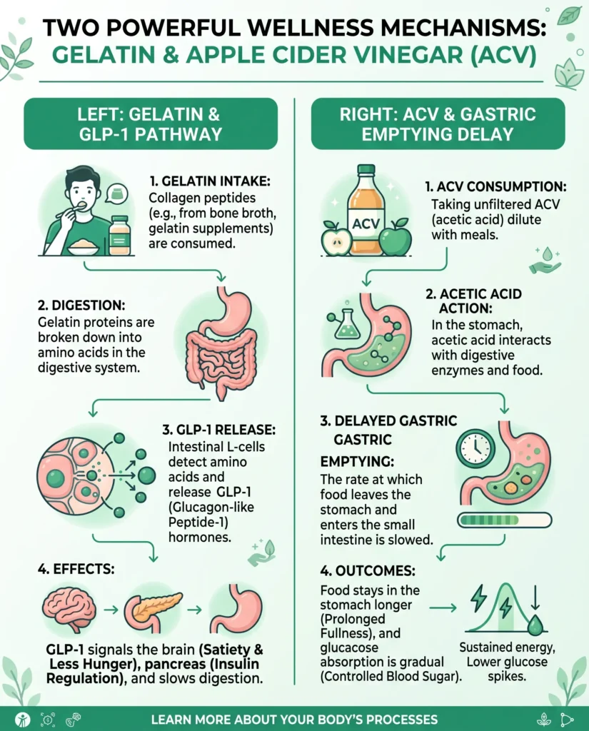 infographic showing dual mechanism of gelatin GLP-1 and apple cider vinegar gastric emptying delay