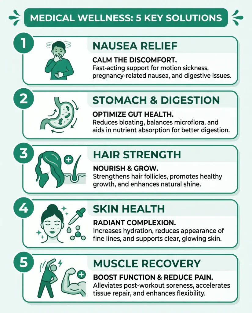 infographic showing 5 ozempic side effects gelatin helps: nausea constipation hair loss ozempic face muscle loss
