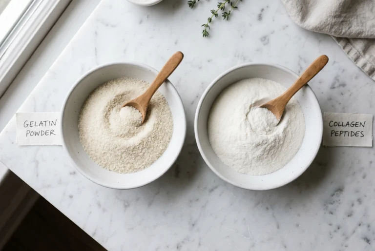 gelatin vs collagen peptides side by side comparison powder on white surface