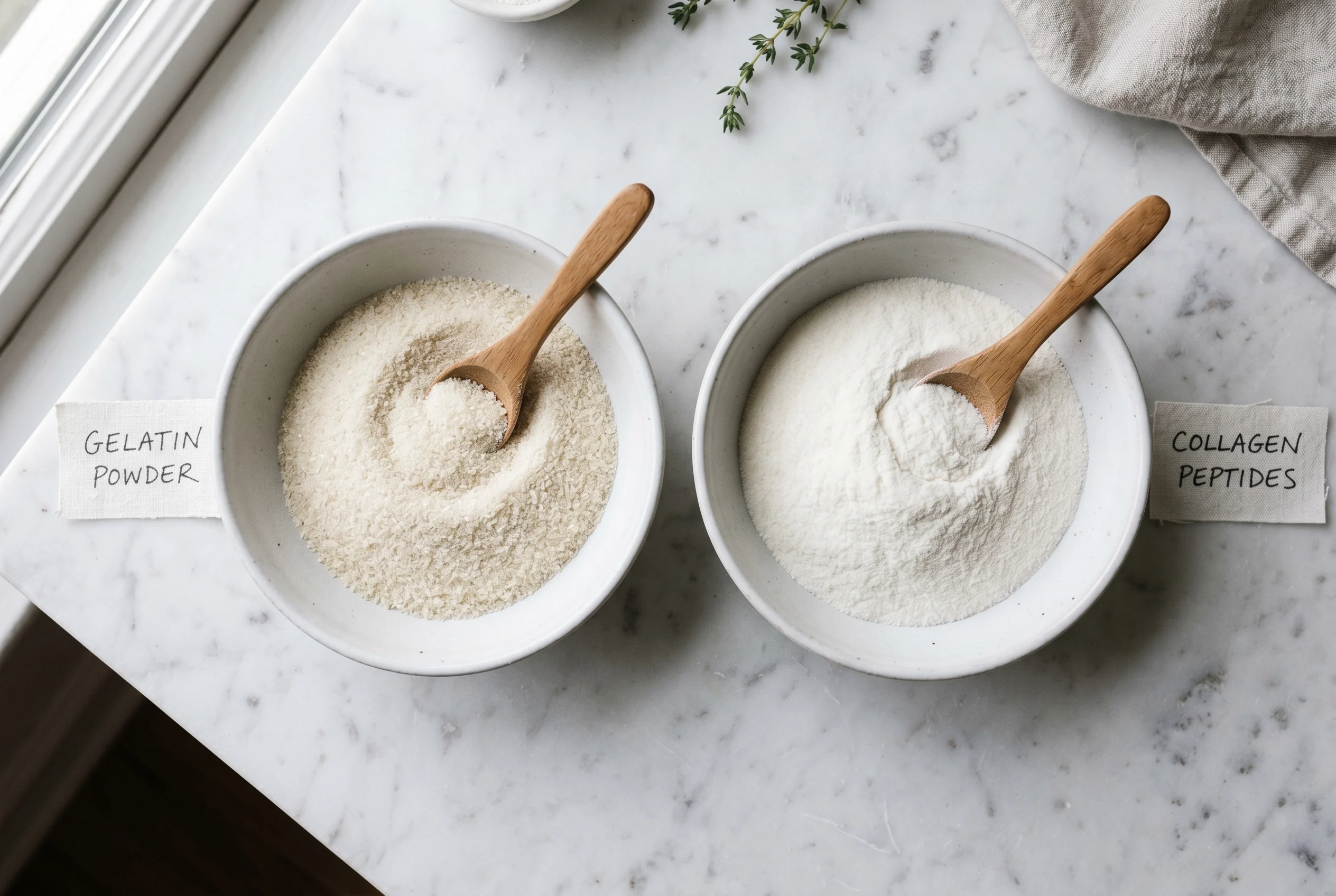 gelatin vs collagen peptides side by side comparison powder on white surface