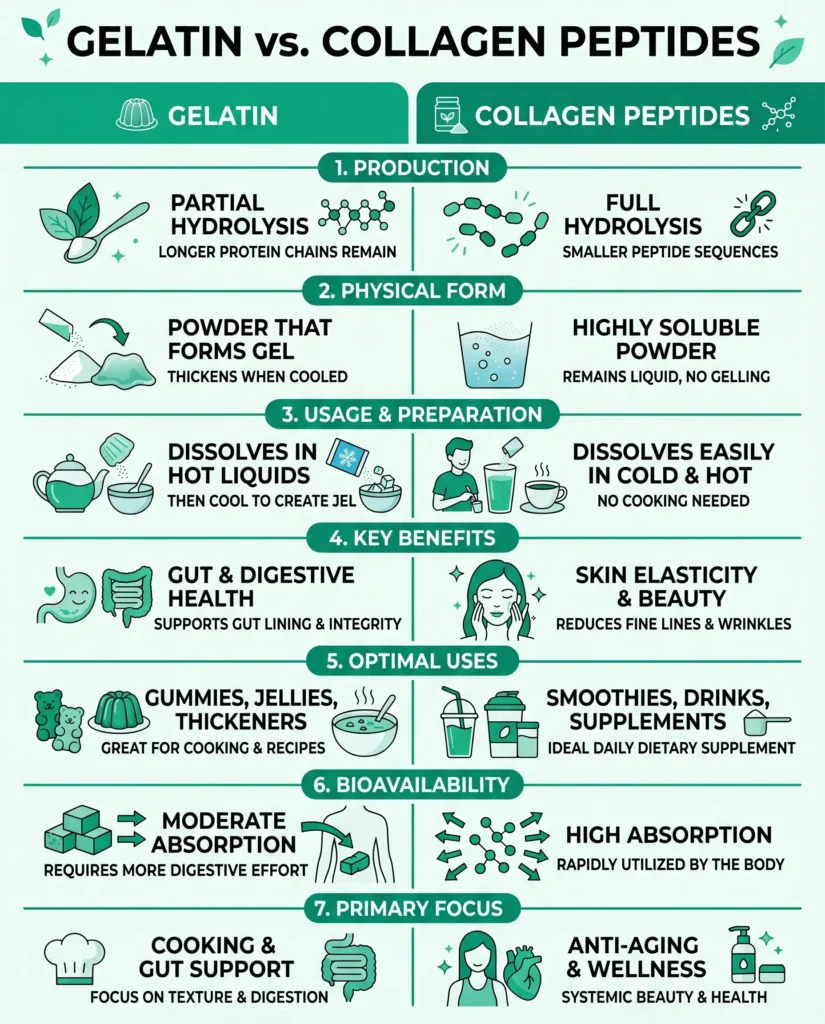 infographic showing 7 differences between gelatin vs collagen peptides for weight loss