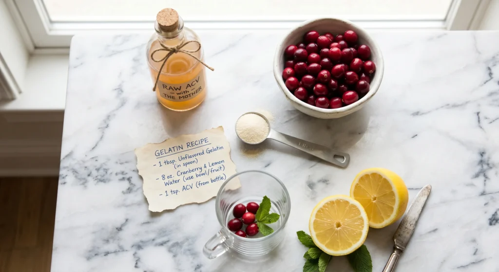 Jillian Michaels gelatin recipe ingredients — apple cider vinegar, cranberry juice, gelatin powder, and lemon