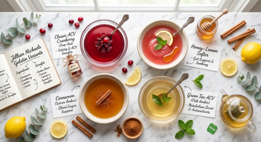 Four Jillian Michaels gelatin recipe variations: classic ACV cranberry, honey-lemon softer, cinnamon blood sugar, and green tea ACV