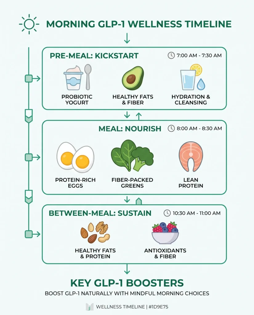daily protocol infographic showing how to stack natural glp-1 strategies morning pre-meal meals evening