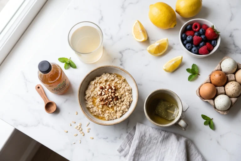 natural ozempic foods spread including gelatin drink oats green tea and lemon on white marble
