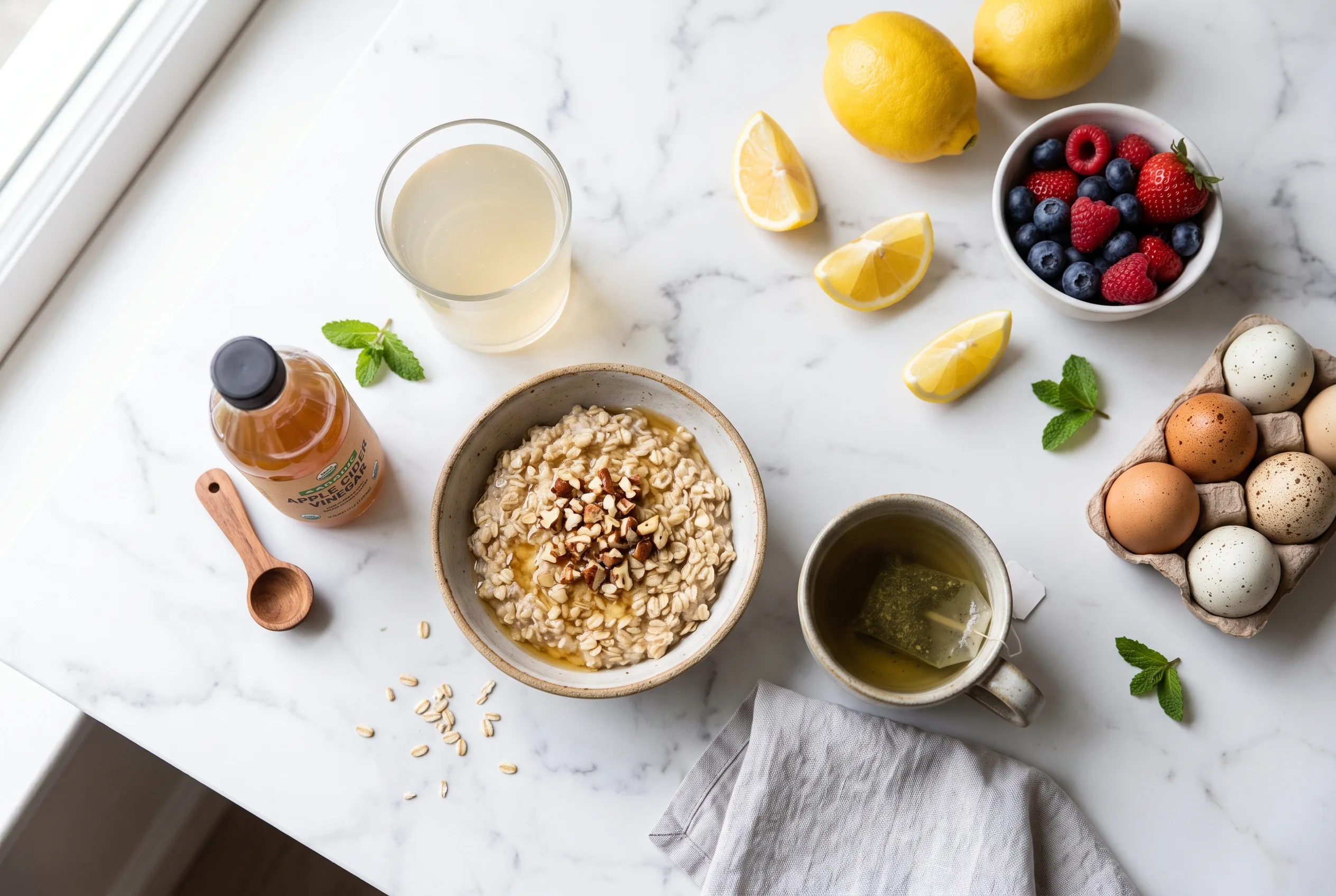 natural ozempic foods spread including gelatin drink oats green tea and lemon on white marble