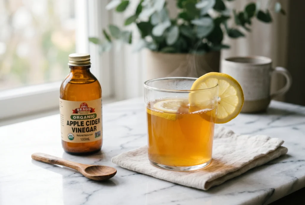 natural ozempic drink in a clear glass with lemon and apple cider vinegar on white marble