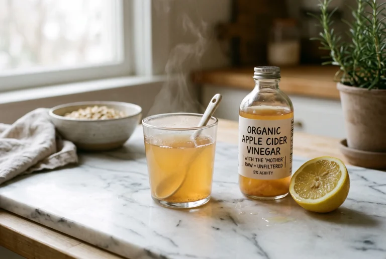 natural ozempic recipe with apple cider vinegar in a clear glass with lemon and ACV bottle on marble