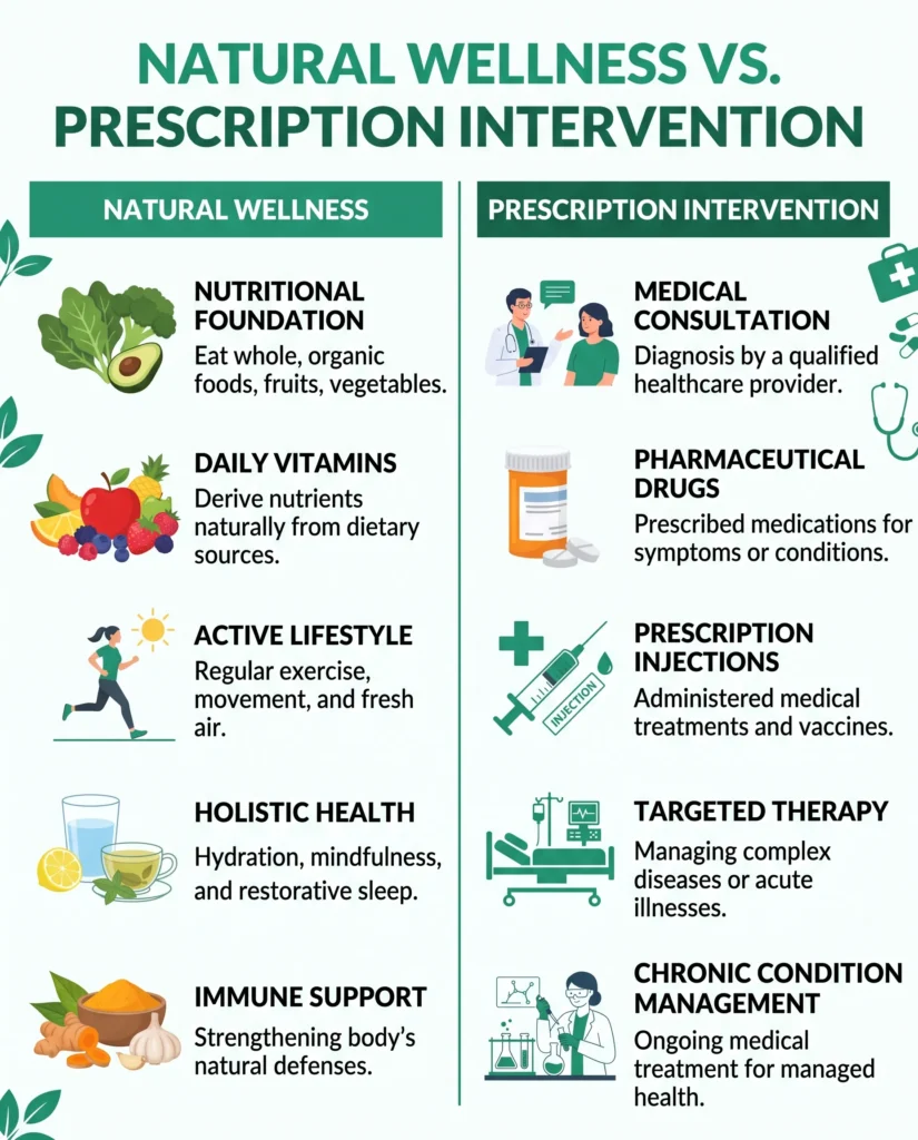 infographic comparing natural ozempic food strategies vs prescription Ozempic GLP-1 levels