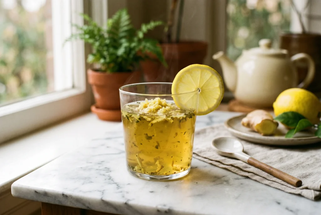 GLP-1 gelatin recipe with green tea and lemon in a clear glass on marble surface