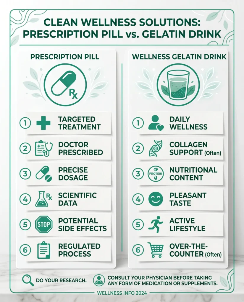Comparison infographic: prescription GLP-1 medications vs natural GLP-1 gelatin recipe